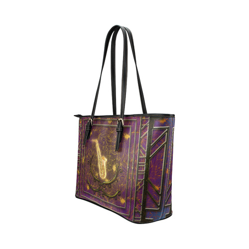 Music, golden saxophone Leather Tote Bag/Large (Model 1651)