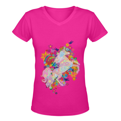 FLOWER POWER rainbow UNICORN multicolored Women's Deep V-neck T-shirt (Model T19)