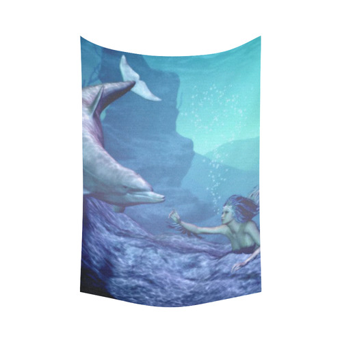 mermaid and dolphin Cotton Linen Wall Tapestry 60"x 90"