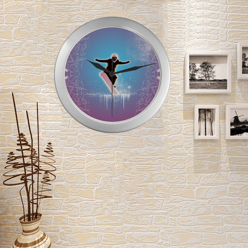 Snowboarding, snowflakes and ice Silver Color Wall Clock