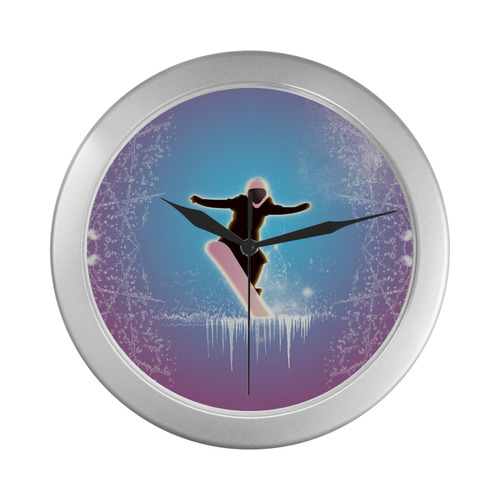 Snowboarding, snowflakes and ice Silver Color Wall Clock