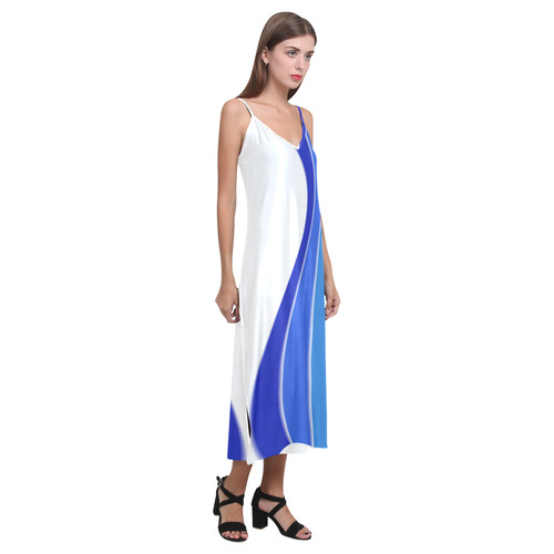 blue stripes V-Neck Open Fork Long Dress(Model D18)