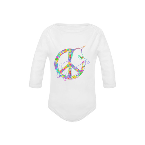 White UNICORN in a multicolored Splatter PEACE Baby Powder Organic Long Sleeve One Piece (Model T27)