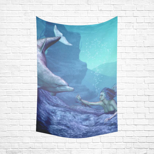 mermaid and dolphin Cotton Linen Wall Tapestry 60"x 90"