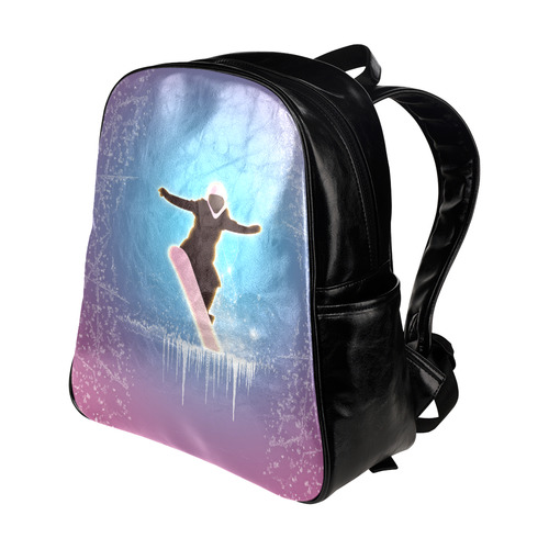 Snowboarding, snowflakes and ice Multi-Pockets Backpack (Model 1636)