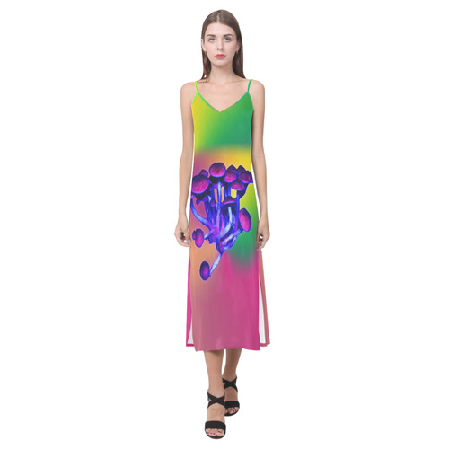 Magic Mushrooms V-Neck Open Fork Long Dress(Model D18)