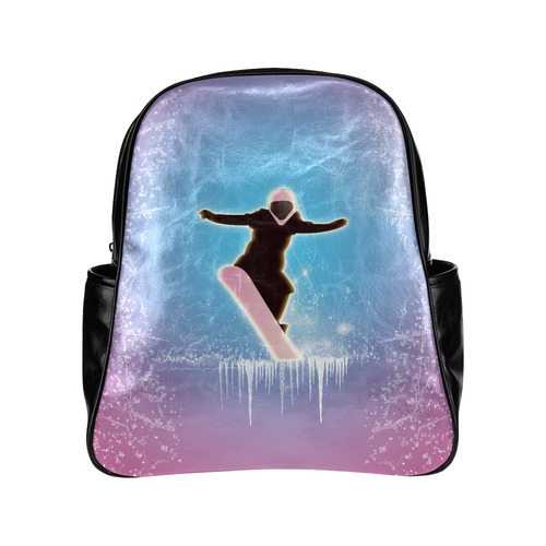 Snowboarding, snowflakes and ice Multi-Pockets Backpack (Model 1636)