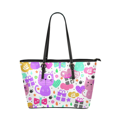 Cute Cats Hearts Flowers Christmas Gifts Leather Tote Bag/Large (Model 1651)