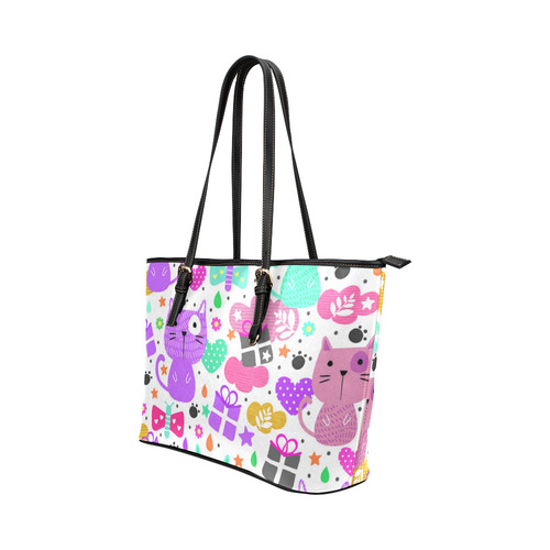 Cute Cats Hearts Flowers Christmas Gifts Leather Tote Bag/Large (Model 1651)