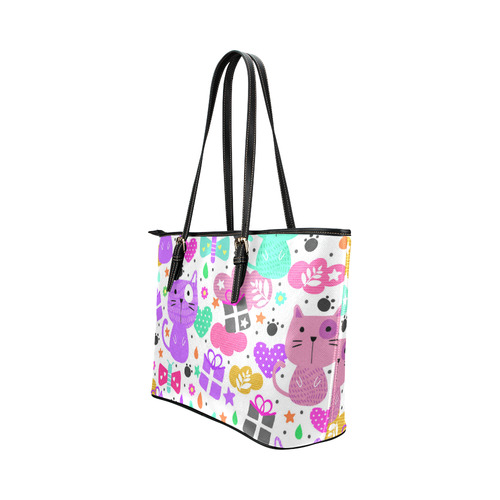 Cute Cats Hearts Flowers Christmas Gifts Leather Tote Bag/Large (Model 1651)