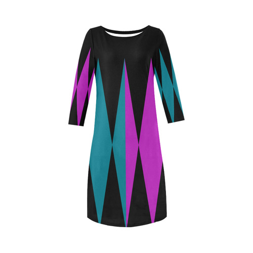 Black Background ZigZag Rhombuses Cut Round Collar Dress (D22)