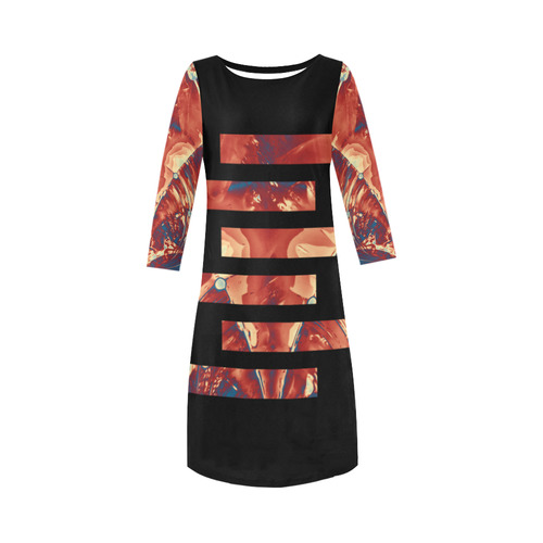 Abstract Fractal Painting - dark red blue beige Round Collar Dress (D22)