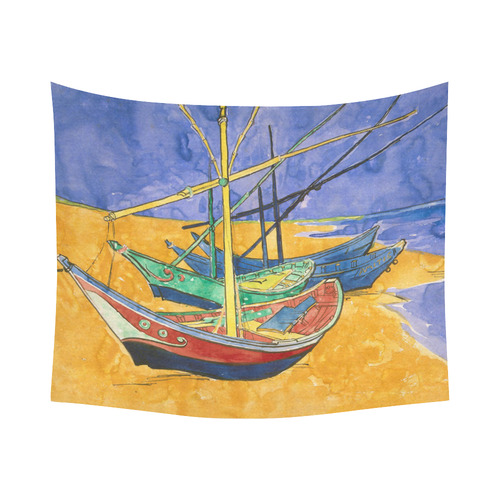 Van Gogh Fishing Boats Beach Watercolor Cotton Linen Wall Tapestry 60"x 51"