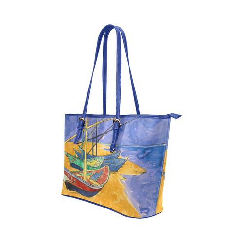 Van Gogh Fishing Boats Beach Watercolor Leather Tote Bag/Large (Model 1651)