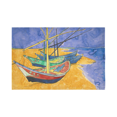 Van Gogh Fishing Boats Beach Watercolor Cotton Linen Wall Tapestry 90"x 60"