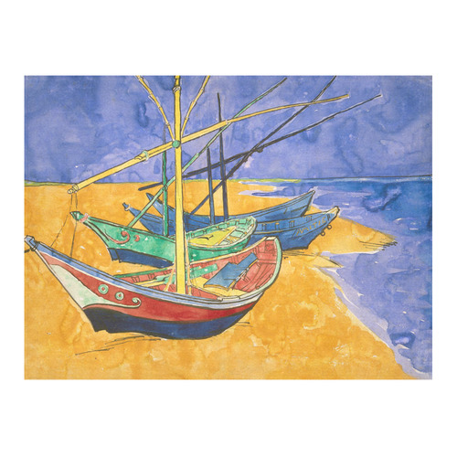 Van Gogh Fishing Boats Beach Watercolor Cotton Linen Tablecloth 52"x 70"