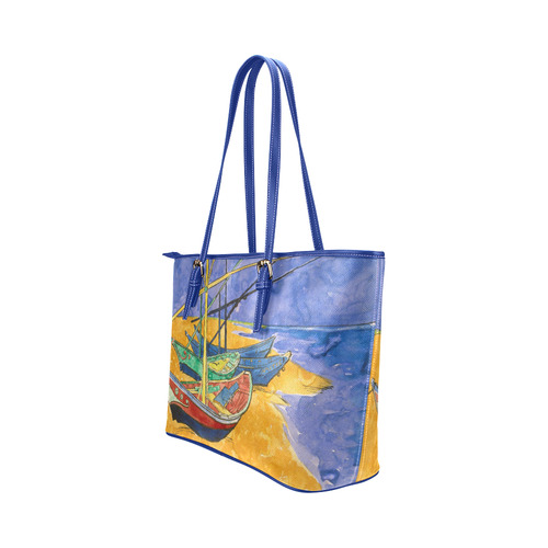 Van Gogh Fishing Boats Beach Watercolor Leather Tote Bag/Large (Model 1651)