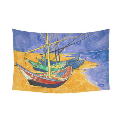 Van Gogh Fishing Boats Beach Watercolor Cotton Linen Wall Tapestry 90"x 60"