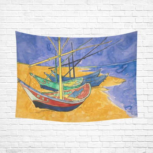 Van Gogh Fishing Boats Beach Watercolor Cotton Linen Wall Tapestry 80"x 60"