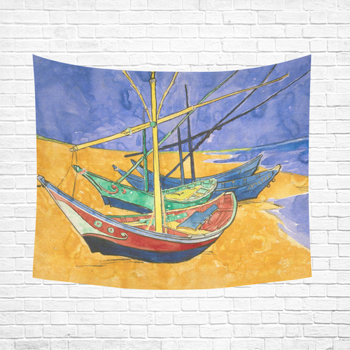 Van Gogh Fishing Boats Beach Watercolor Cotton Linen Wall Tapestry 60"x 51"