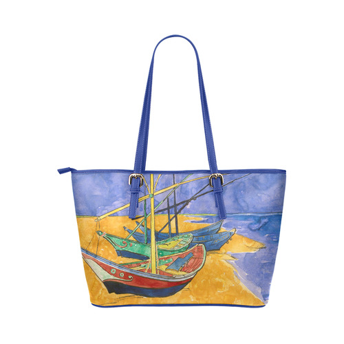 Van Gogh Fishing Boats Beach Watercolor Leather Tote Bag/Large (Model 1651)