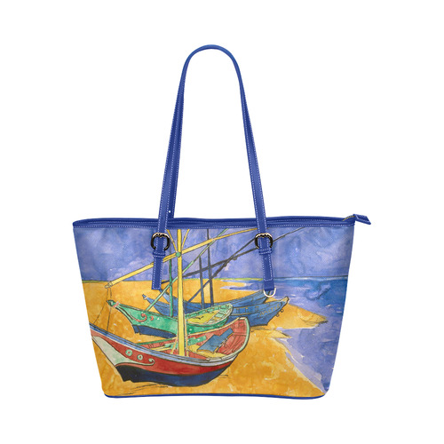 Van Gogh Fishing Boats Beach Watercolor Leather Tote Bag/Large (Model 1651)