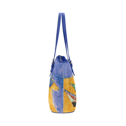 Van Gogh Fishing Boats Beach Watercolor Leather Tote Bag/Large (Model 1651)