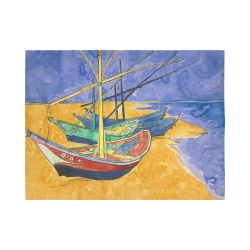 Van Gogh Fishing Boats Beach Watercolor Cotton Linen Wall Tapestry 80"x 60"