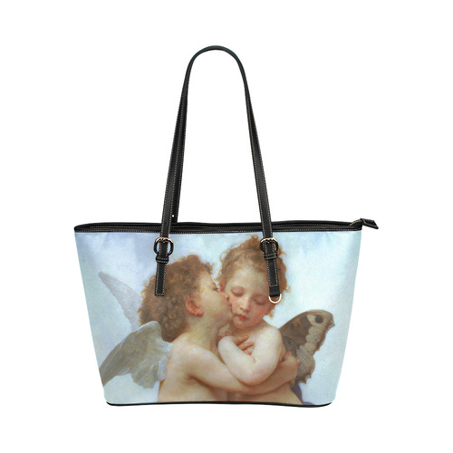 Bouguereau First Kiss Angels Leather Tote Bag/Large (Model 1651)