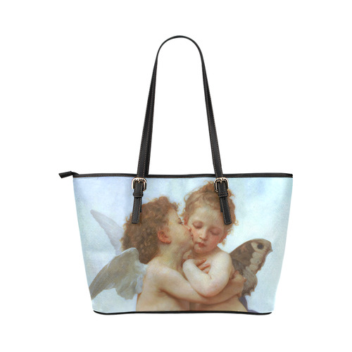 Bouguereau First Kiss Angels Leather Tote Bag/Large (Model 1651)