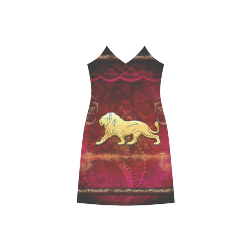 Golden lion on vintage background V-Neck Open Fork Long Dress(Model D18)