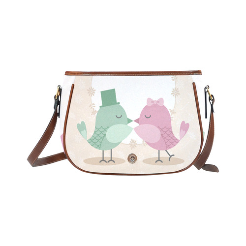 Cute Love Birds Kiss Pink Green Saddle Bag/Large (Model 1649)