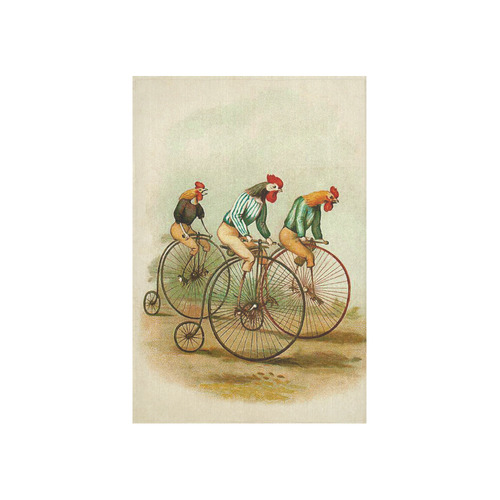 Vintage Bicycle Pennyfarthing Roosters Cotton Linen Wall Tapestry 40"x 60"