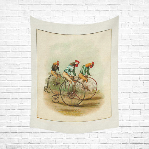 Vintage Bicycle Pennyfarthing Roosters Cotton Linen Wall Tapestry 60"x 80"