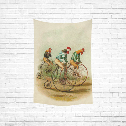 Vintage Bicycle Pennyfarthing Roosters Cotton Linen Wall Tapestry 40"x 60"