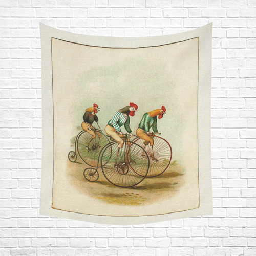Vintage Bicycle Pennyfarthing Roosters Cotton Linen Wall Tapestry 51"x 60"