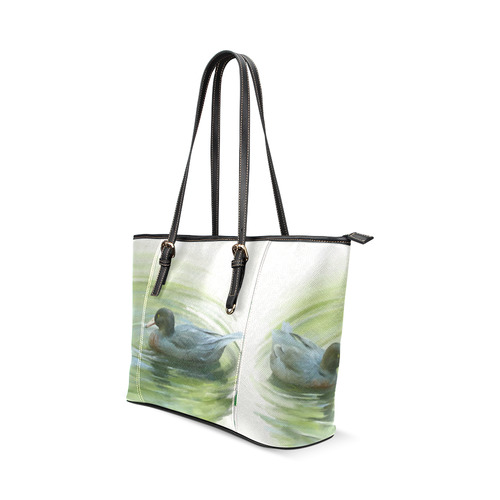 Blue Ducks in Pond, watercolors Leather Tote Bag/Large (Model 1640)