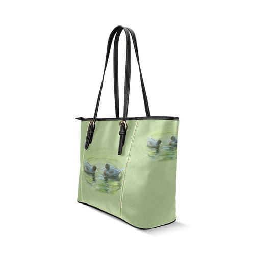 Blue Ducks in Pond - watercolors Leather Tote Bag/Large (Model 1640)