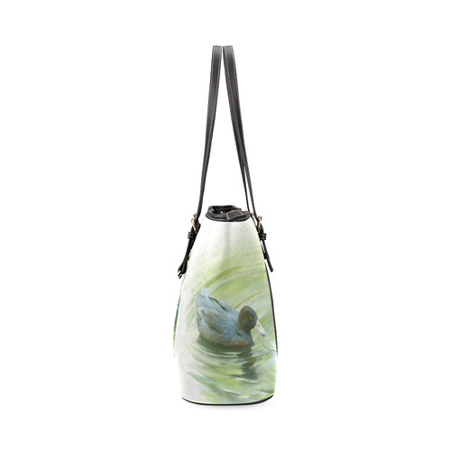 Blue Ducks in Pond, watercolors Leather Tote Bag/Large (Model 1640)