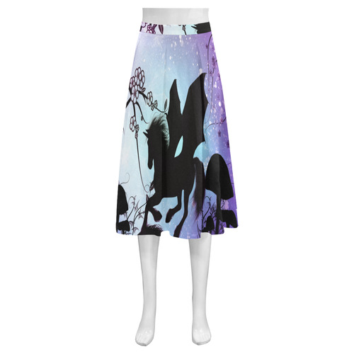 Black unicorn with fantasy trees in the night Mnemosyne Women's Crepe Skirt (Model D16)