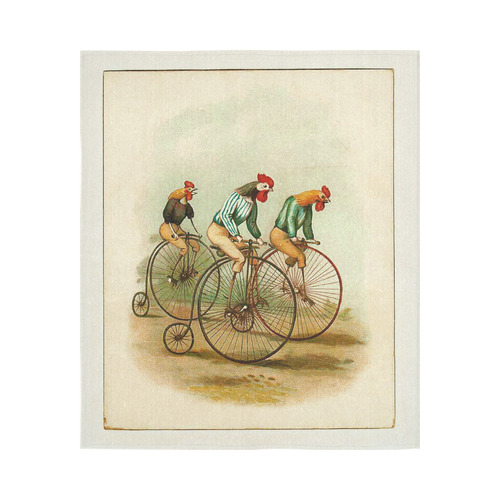 Vintage Bicycle Pennyfarthing Roosters Cotton Linen Wall Tapestry 51"x 60"