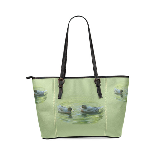 Blue Ducks in Pond - watercolors Leather Tote Bag/Large (Model 1640)