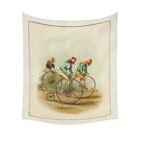 Vintage Bicycle Pennyfarthing Roosters Cotton Linen Wall Tapestry 51"x 60"