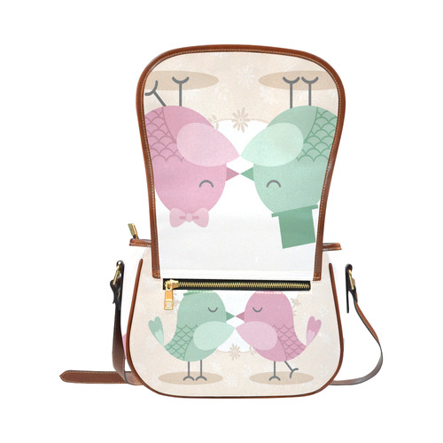 Cute Love Birds Kiss Pink Green Saddle Bag/Small (Model 1649) Full Customization