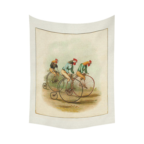 Vintage Bicycle Pennyfarthing Roosters Cotton Linen Wall Tapestry 60"x 80"