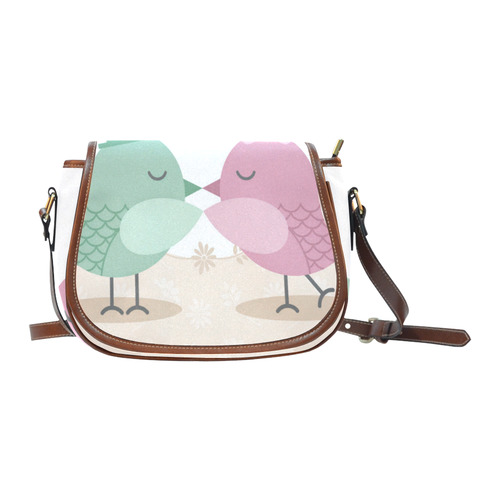 Cute Love Birds Kiss Pink Green Saddle Bag/Small (Model 1649) Full Customization