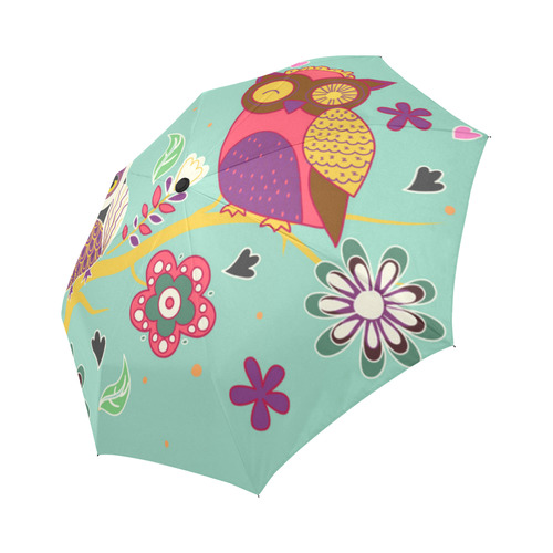 Cute Owls Love Hearts Flowers Auto-Foldable Umbrella (Model U04)