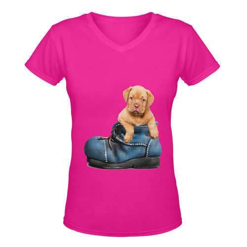 Sweet Puppy in his Blue Shoe Women's Deep V-neck T-shirt (Model T19)