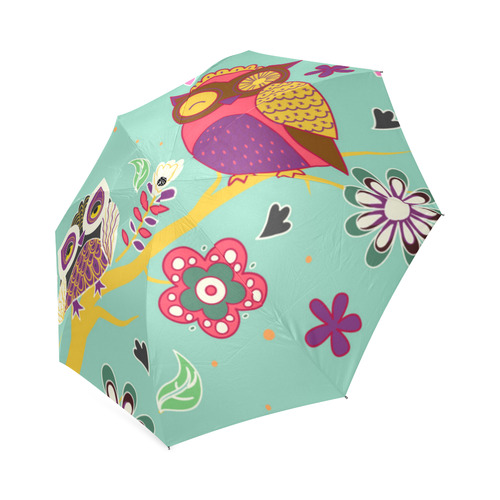 Cute Owls Love Hearts Flowers Foldable Umbrella (Model U01)