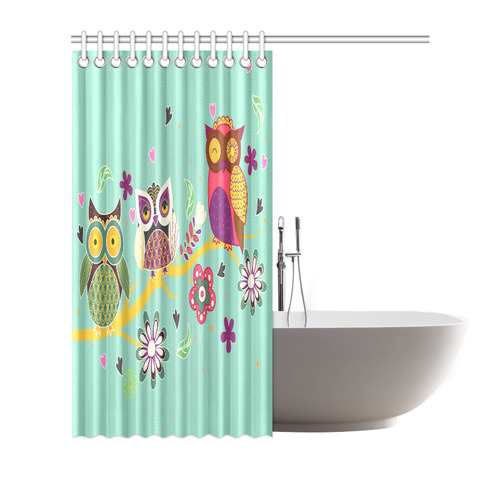 Three Cute Owls Tree Floral Heart Flower Shower Curtain 72"x72"